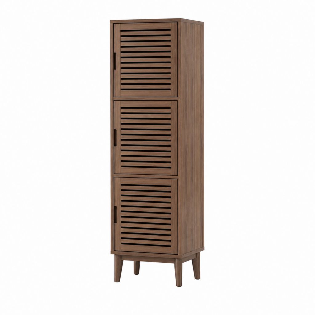 Badezimmer Hochschrank aus Akazien-Massivholz Braun rechteckig mit 3 Lamellentüren 40 x 35 x 160 cm