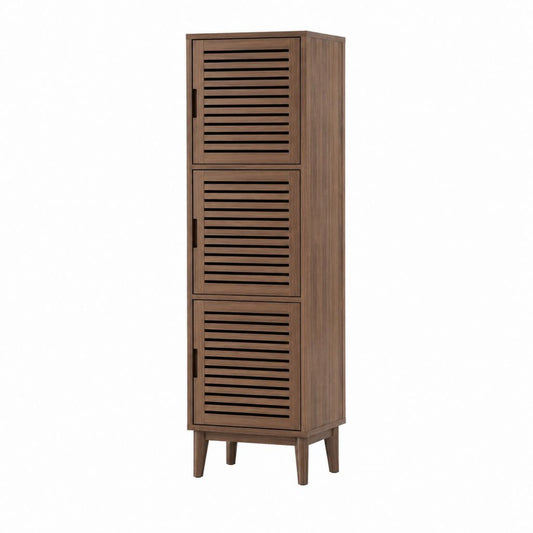 Badezimmer Hochschrank aus Akazien-Massivholz Braun rechteckig mit 3 Lamellentüren 40 x 35 x 160 cm
