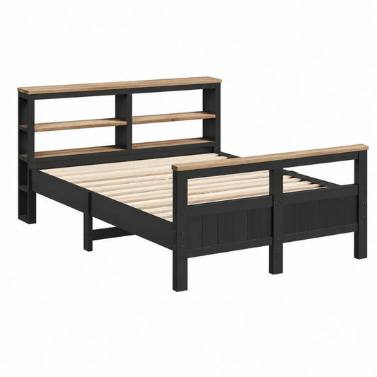 Bettgestell 140 x 200 cm Schwarz Braun aus Stahl und MDF mit Kopfteilregal und Lattenrost