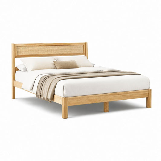 Doppelbett Bettgestell Natur aus Eichen-Massivholz und Rattan rechteckig 160 x 200 cm