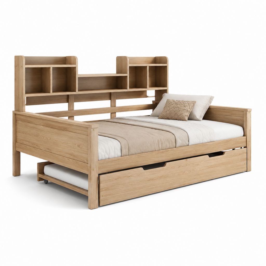 Ausziehbett mit Regal Naturholzoptik Holzwerkstoff Rechteckig 90 x 200 cm