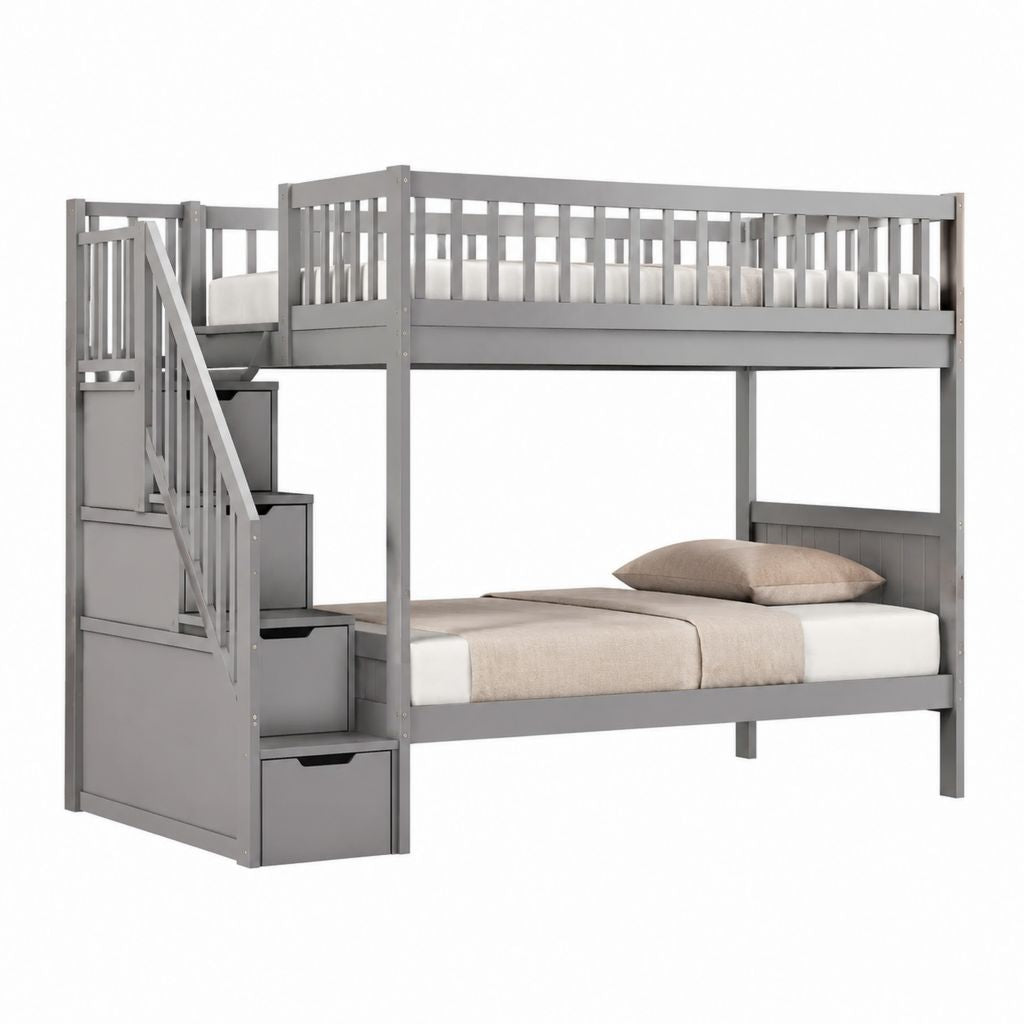 Etagenbett Kinderbett Grau aus massivem Kiefernholz mit Treppe und Stauraum 90 x 200 cm und 140 x 200 cm