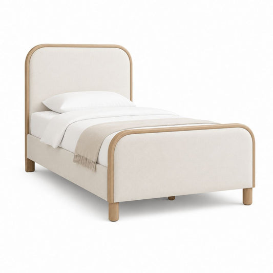 Polsterbett Einzelbett Beige mit Massivholzrahmen und abgerundetem Kopfteil 90 x 200 cm