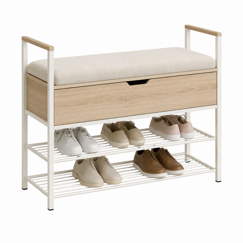 Schuhbank mit Sitzkissen und Schuhregal Weiß Eiche Stahl Spanplatte Rechteckig 100 x 35 x 80 cm