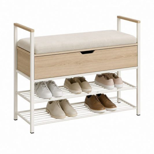 Schuhbank mit Sitzkissen und Schuhregal Weiß Eiche Stahl Spanplatte Rechteckig 100 x 35 x 80 cm
